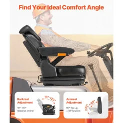 VEVOR Universal Forklift Seat, Tractor Suspension Seat with Adjustable Back, Armrest, Headrest & Safety Belt, Secure Fold Down Tractor Seat with Micro Switch, Lawnmower Seat for Skid Loader Bulldozer