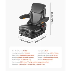 VEVOR Universal Forklift Seat, Tractor Suspension Seat with Adjustable Back, Armrest, Headrest & Safety Belt, Secure Fold Down Tractor Seat with Micro Switch, Lawnmower Seat for Skid Loader Bulldozer