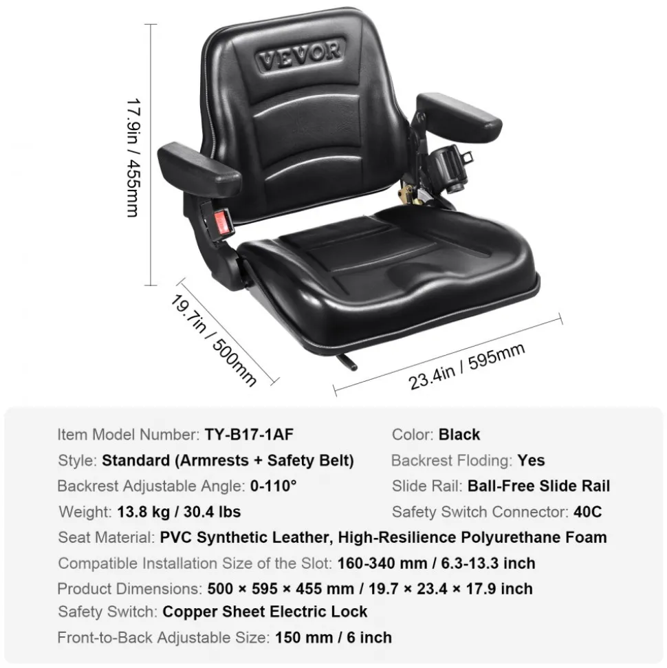 VEVOR Universal Forklift Seat Wrap Around, Universal Tractor Seat with Micro Switch, Adjustable Tractor Suspension Seat with Tilt Fits for John Deere, Ford, Massey Ferguson, New Holland Tractor