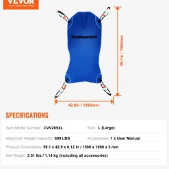 VEVOR Universal Full Body Patient Lift Sling - Large, Patient Lift Medical Sling for Easy Transfer and Bathing, Polyester Patient Aid Transfer Sling for Elderly, Disabled, Bedridden, 600LBS Capacity