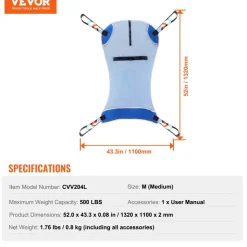 VEVOR Universal Full Body Patient Lift Sling - Medium, Patient Lift Medical Sling for Easy Transfer and Bathing, Polyester Patient Aid Transfer Sling for Elderly, Disabled, Bedridden, 500LBS Capacity