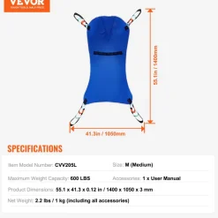 VEVOR Universal Full Body Patient Lift Sling - Medium, Patient Lift Medical Sling for Easy Transfer and Bathing, Polyester Patient Aid Transfer Sling for Elderly, Disabled, Bedridden, 600LBS Capacity