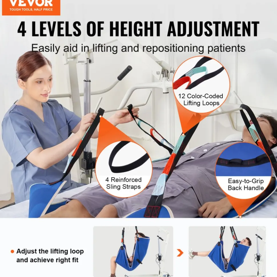 VEVOR Universal Full Body Patient Lift Sling - Medium, Patient Lift Medical Sling for Easy Transfer and Bathing, Polyester Patient Aid Transfer Sling for Elderly, Disabled, Bedridden, 600LBS Capacity