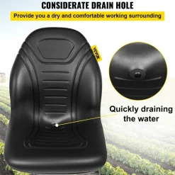 VEVOR Universal Lawn Tractor Seat Replacement, Compact High Back Mower Seat, Black Vinyl Forklift Seat, Central Drain Hole Skid Steer Seat with Mounting Bolt Patterns of 8" x 11.5" & 11.25" x 11.5