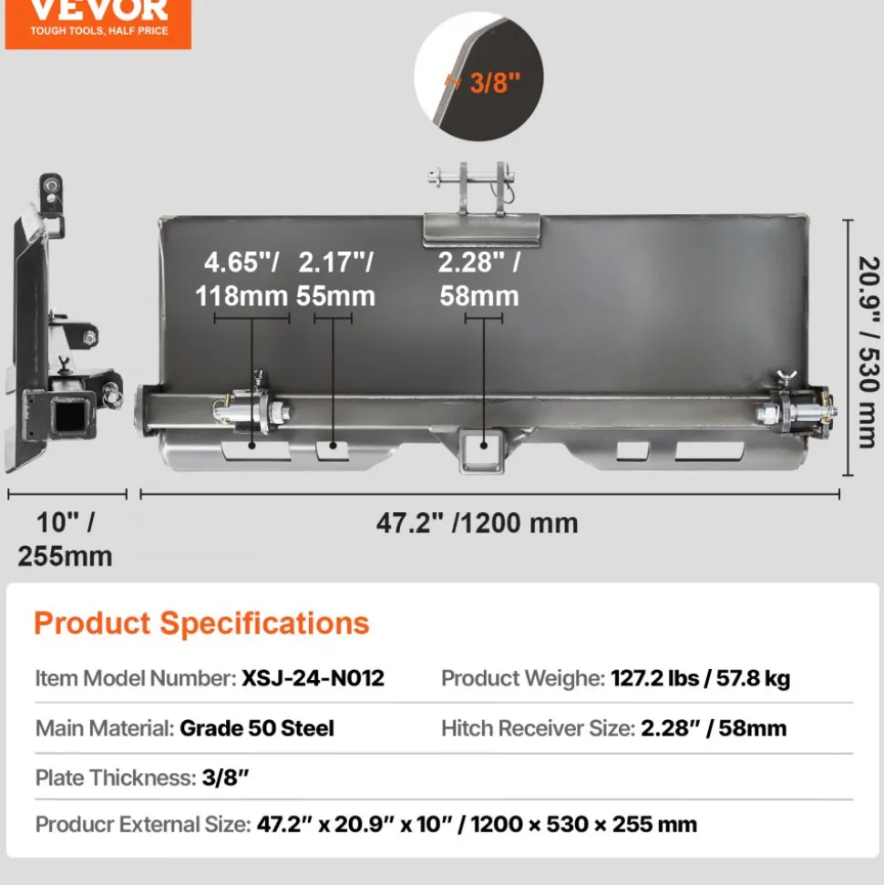 VEVOR Universal 3-point Skid Steer Plate, 3/8" Skid Steer Attachment Plate, 7000lbs Skid Steer Mount Plate Steel Adapter Loader, Compatible with Deere, Kubota, Bobcat, Mahindra Skid Steers, Tractors