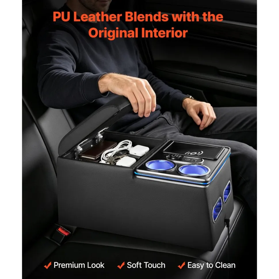 VEVOR Universal Rear Bench Seat Center Console with 7-Color Ambient Lights, Wireless/USB/Cigarette Lighter Charging, Back Seat Central Console Organizer with Cup & Phone Holders for MPV, Sedan, SUV