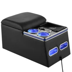 VEVOR Universal Rear Bench Seat Center Console with 7-Color Ambient Lights, Wireless/USB/Cigarette Lighter Charging, Back Seat Central Console Organizer with Cup & Phone Holders for MPV, Sedan, SUV
