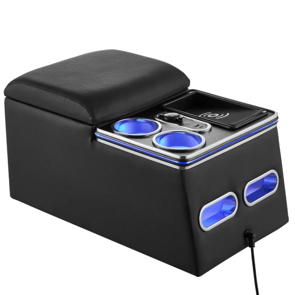 VEVOR Universal Rear Bench Seat Center Console with 7-Color Ambient Lights, Wireless/USB/Cigarette Lighter Charging, Back Seat Central Console Organizer with Cup & Phone Holders for MPV, Sedan, SUV