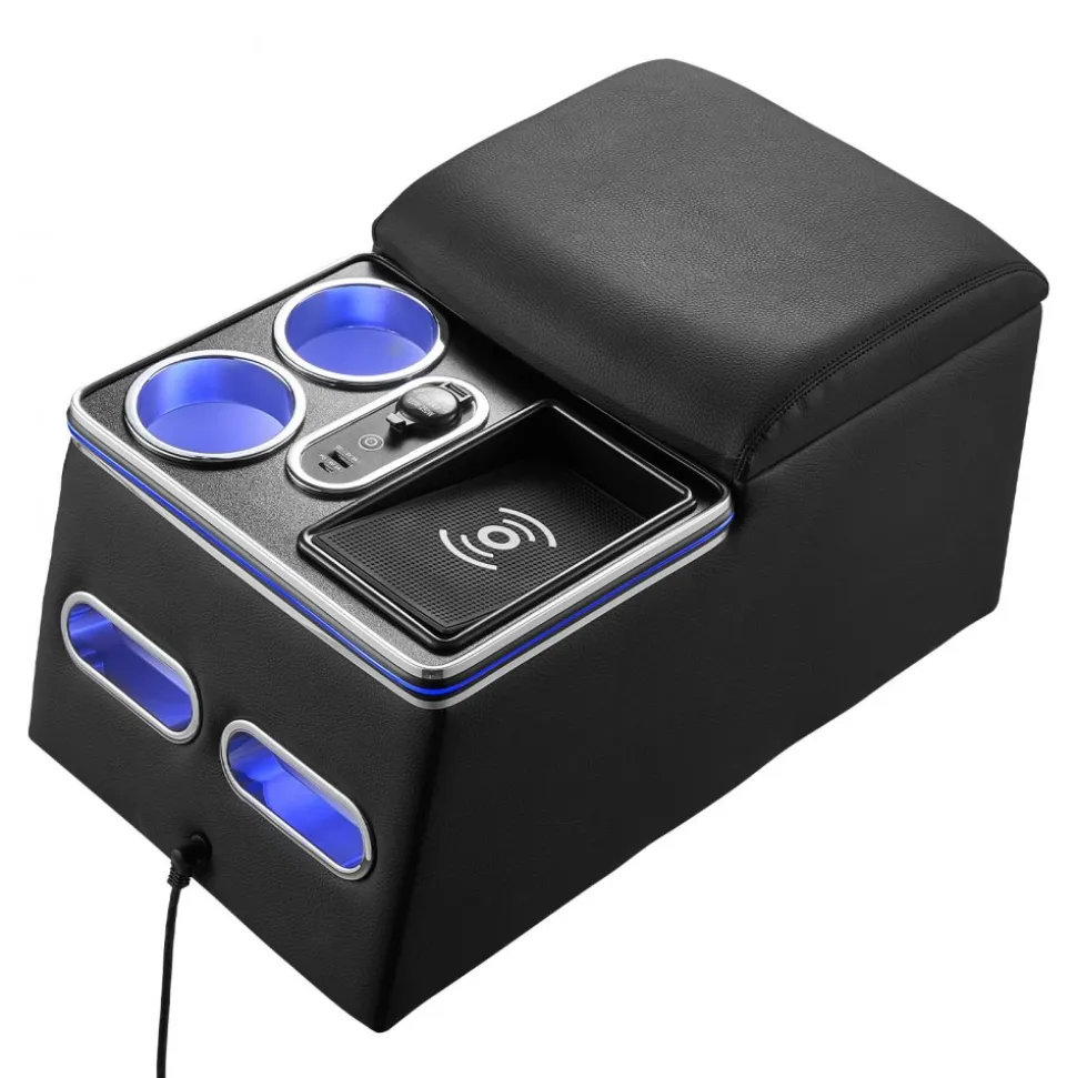 VEVOR Universal Rear Bench Seat Center Console with 7-Color Ambient Lights, Wireless/USB/Cigarette Lighter Charging, Back Seat Central Console Organizer with Cup & Phone Holders for MPV, Sedan, SUV