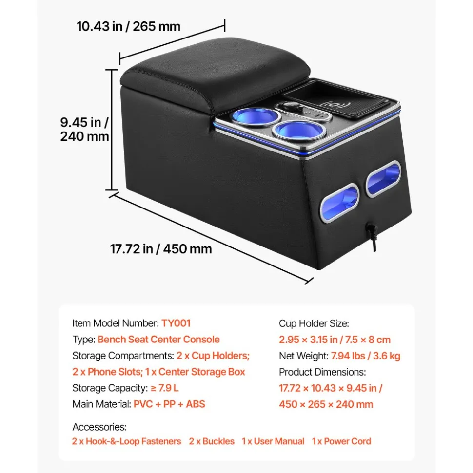 VEVOR Universal Rear Bench Seat Center Console with 7-Color Ambient Lights, Wireless/USB/Cigarette Lighter Charging, Back Seat Central Console Organizer with Cup & Phone Holders for MPV, Sedan, SUV