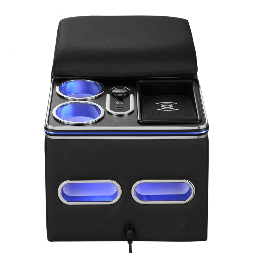 VEVOR Universal Rear Bench Seat Center Console with 7-Color Ambient Lights, Wireless/USB/Cigarette Lighter Charging, Back Seat Central Console Organizer with Cup & Phone Holders for MPV, Sedan, SUV