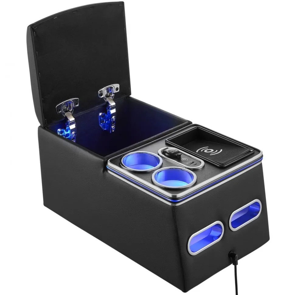 VEVOR Universal Rear Bench Seat Center Console with 7-Color Ambient Lights, Wireless/USB/Cigarette Lighter Charging, Back Seat Central Console Organizer with Cup & Phone Holders for MPV, Sedan, SUV