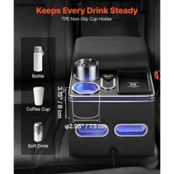 VEVOR Universal Rear Bench Seat Center Console with 7-Color Ambient Lights, Wireless/USB/Cigarette Lighter Charging, Back Seat Central Console Organizer with Cup & Phone Holders for MPV, Sedan, SUV