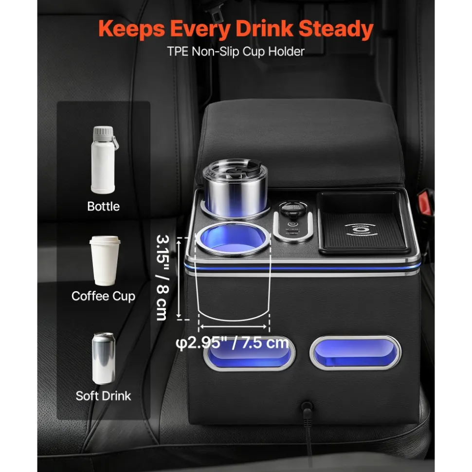 VEVOR Universal Rear Bench Seat Center Console with 7-Color Ambient Lights, Wireless/USB/Cigarette Lighter Charging, Back Seat Central Console Organizer with Cup & Phone Holders for MPV, Sedan, SUV