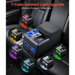 VEVOR Universal Rear Bench Seat Center Console with 7-Color Ambient Lights, Wireless/USB/Cigarette Lighter Charging, Back Seat Central Console Organizer with Cup & Phone Holders for MPV, Sedan, SUV