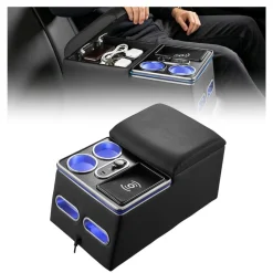 VEVOR Universal Rear Bench Seat Center Console with 7-Color Ambient Lights, Wireless/USB/Cigarette Lighter Charging, Back Seat Central Console Organizer with Cup & Phone Holders for MPV, Sedan, SUV