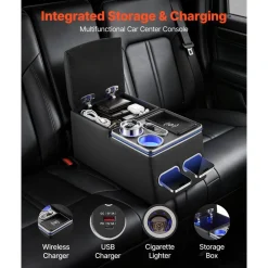 VEVOR Universal Rear Bench Seat Center Console with 7-Color Ambient Lights, Wireless/USB/Cigarette Lighter Charging, Back Seat Central Console Organizer with Cup & Phone Holders for MPV, Sedan, SUV