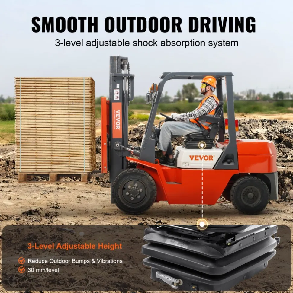 VEVOR Universal Tractor seat Suspension, Fold Down Forklift Seat with Adjustable Angle Back, Micro Switch, Seatbelt and Armrests, 3-level Shock Absorption Tractor Seat for Tractor Loader Excavator