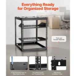 VEVOR 10U Open Frame Network Rack, 23 in Depth, Wall Mounted or Floor Standing Server Rack, Heavy Duty 4 Post, with Vented Shelves & Mounting Hardware, Holds All Your Networking IT Equipment AV Gear