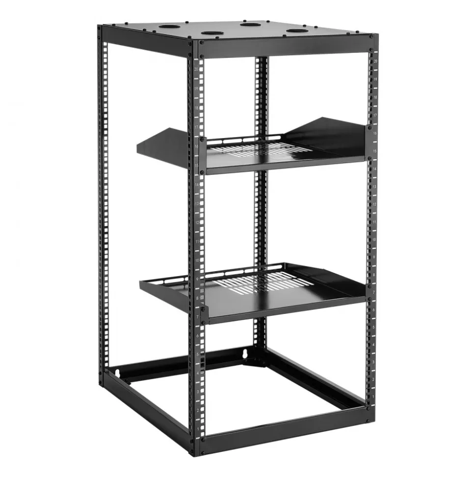 VEVOR 20U Open Frame Network Rack, 23 in Depth, Wall Mounted or Floor Standing Server Rack, Heavy Duty 4 Post, with Vented Shelves & Mounting Hardware, Holds All Your Networking IT Equipment AV Gear