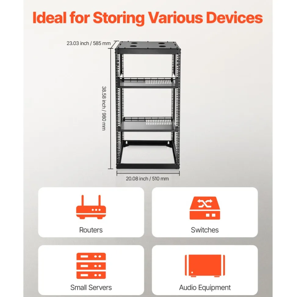 VEVOR 20U Open Frame Network Rack, 23 in Depth, Wall Mounted or Floor Standing Server Rack, Heavy Duty 4 Post, with Vented Shelves & Mounting Hardware, Holds All Your Networking IT Equipment AV Gear