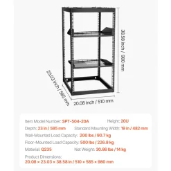 VEVOR 20U Open Frame Network Rack, 23 in Depth, Wall Mounted or Floor Standing Server Rack, Heavy Duty 4 Post, with Vented Shelves & Mounting Hardware, Holds All Your Networking IT Equipment AV Gear