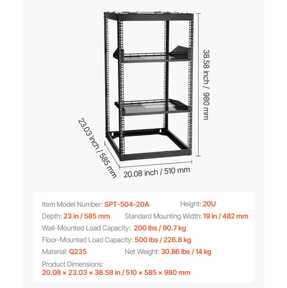 VEVOR 20U Open Frame Network Rack, 23 in Depth, Wall Mounted or Floor Standing Server Rack, Heavy Duty 4 Post, with Vented Shelves & Mounting Hardware, Holds All Your Networking IT Equipment AV Gear