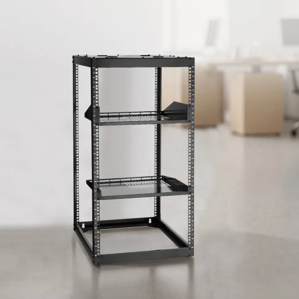 VEVOR 20U Open Frame Network Rack, 23 in Depth, Wall Mounted or Floor Standing Server Rack, Heavy Duty 4 Post, with Vented Shelves & Mounting Hardware, Holds All Your Networking IT Equipment AV Gear