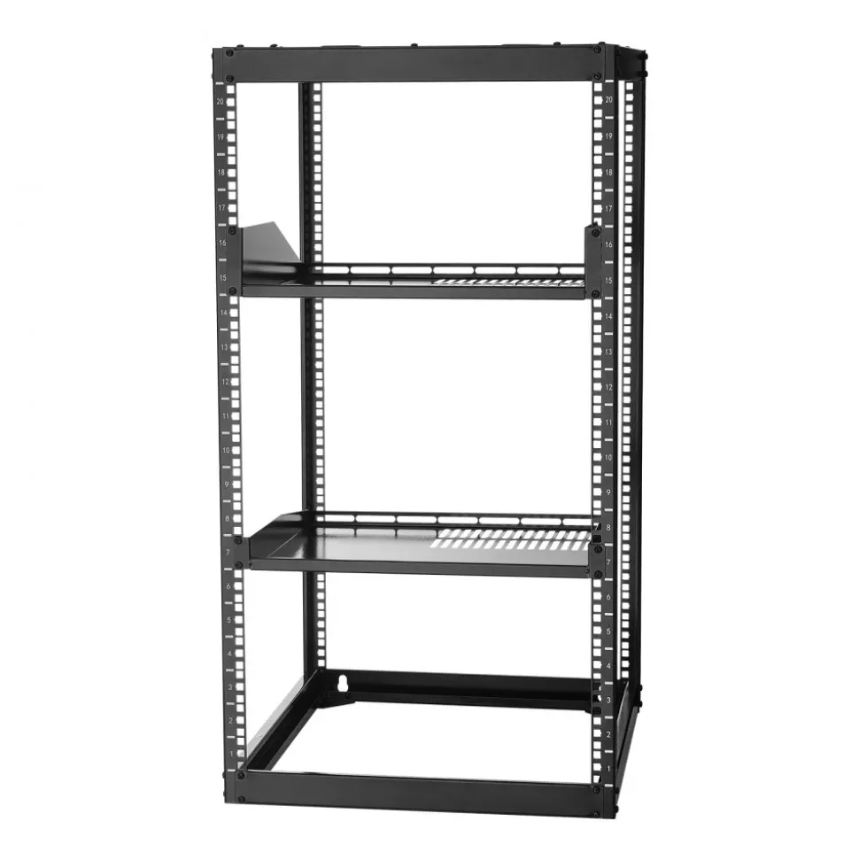 VEVOR 20U Open Frame Network Rack, 23 in Depth, Wall Mounted or Floor Standing Server Rack, Heavy Duty 4 Post, with Vented Shelves & Mounting Hardware, Holds All Your Networking IT Equipment AV Gear