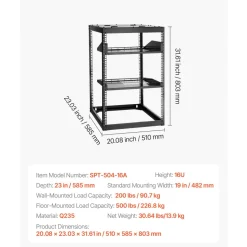 VEVOR 16U Open Frame Network Rack, 23 in Depth, Wall Mounted or Floor Standing Server Rack, Heavy Duty 4 Post, with Vented Shelves & Mounting Hardware, Holds All Your Networking IT Equipment AV Gear