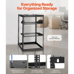 VEVOR 16U Open Frame Network Rack, 23 in Depth, Wall Mounted or Floor Standing Server Rack, Heavy Duty 4 Post, with Vented Shelves & Mounting Hardware, Holds All Your Networking IT Equipment AV Gear
