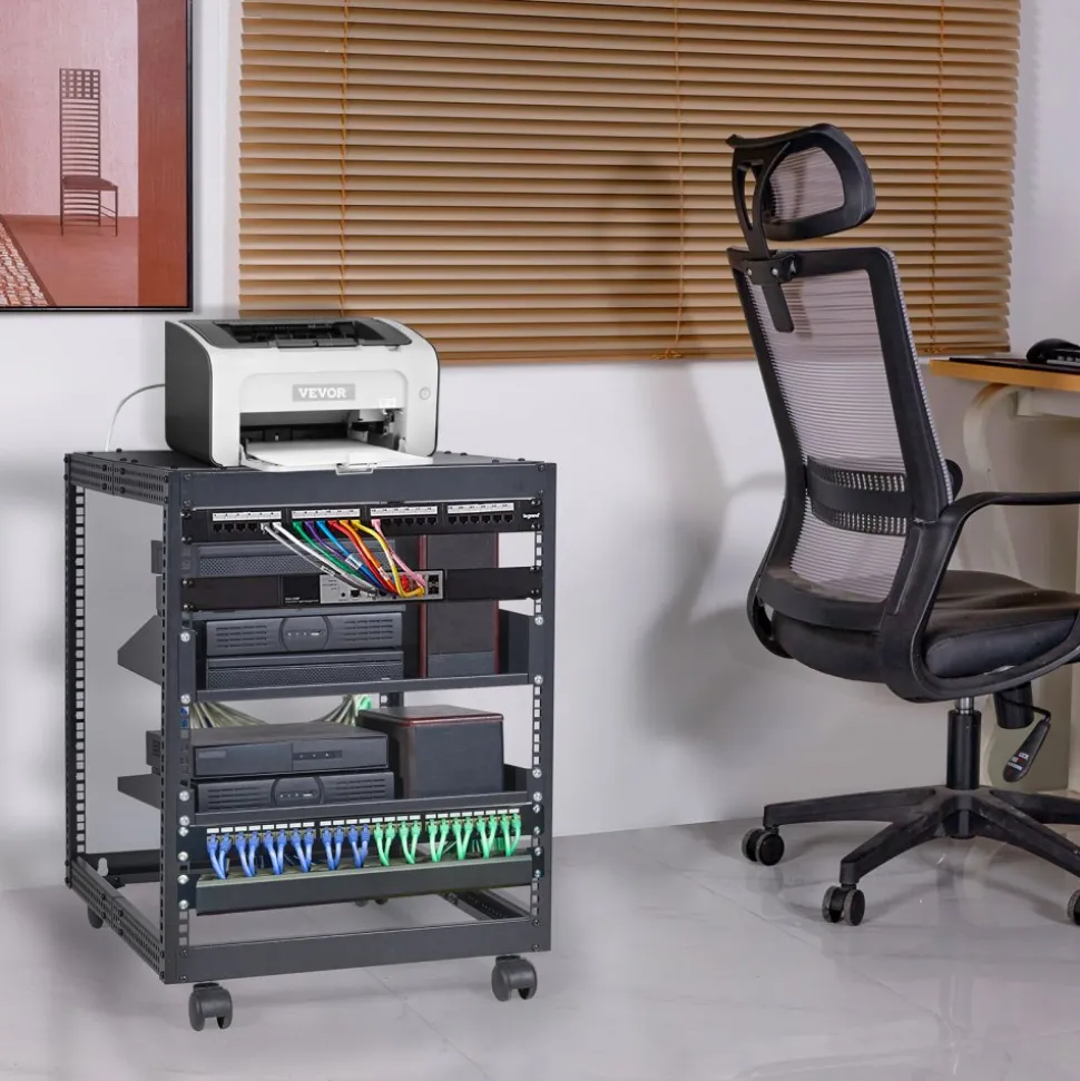 VEVOR 12U Open Frame Server Rack, 23-40 in Adjustable Depth, Free Standing or Wall Mount Network Server Rack, 4 Post AV Rack with Casters, Holds All Your Networking IT Equipment AV Gear Router Modem