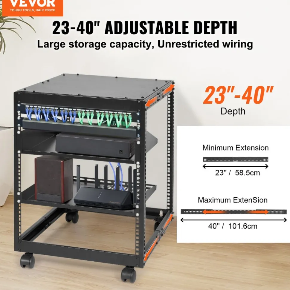 VEVOR 12U Open Frame Server Rack, 23-40 in Adjustable Depth, Free Standing or Wall Mount Network Server Rack, 4 Post AV Rack with Casters, Holds All Your Networking IT Equipment AV Gear Router Modem