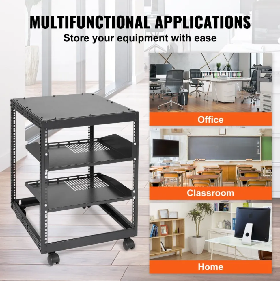 VEVOR 12U Open Frame Server Rack, 23-40 in Adjustable Depth, Free Standing or Wall Mount Network Server Rack, 4 Post AV Rack with Casters, Holds All Your Networking IT Equipment AV Gear Router Modem