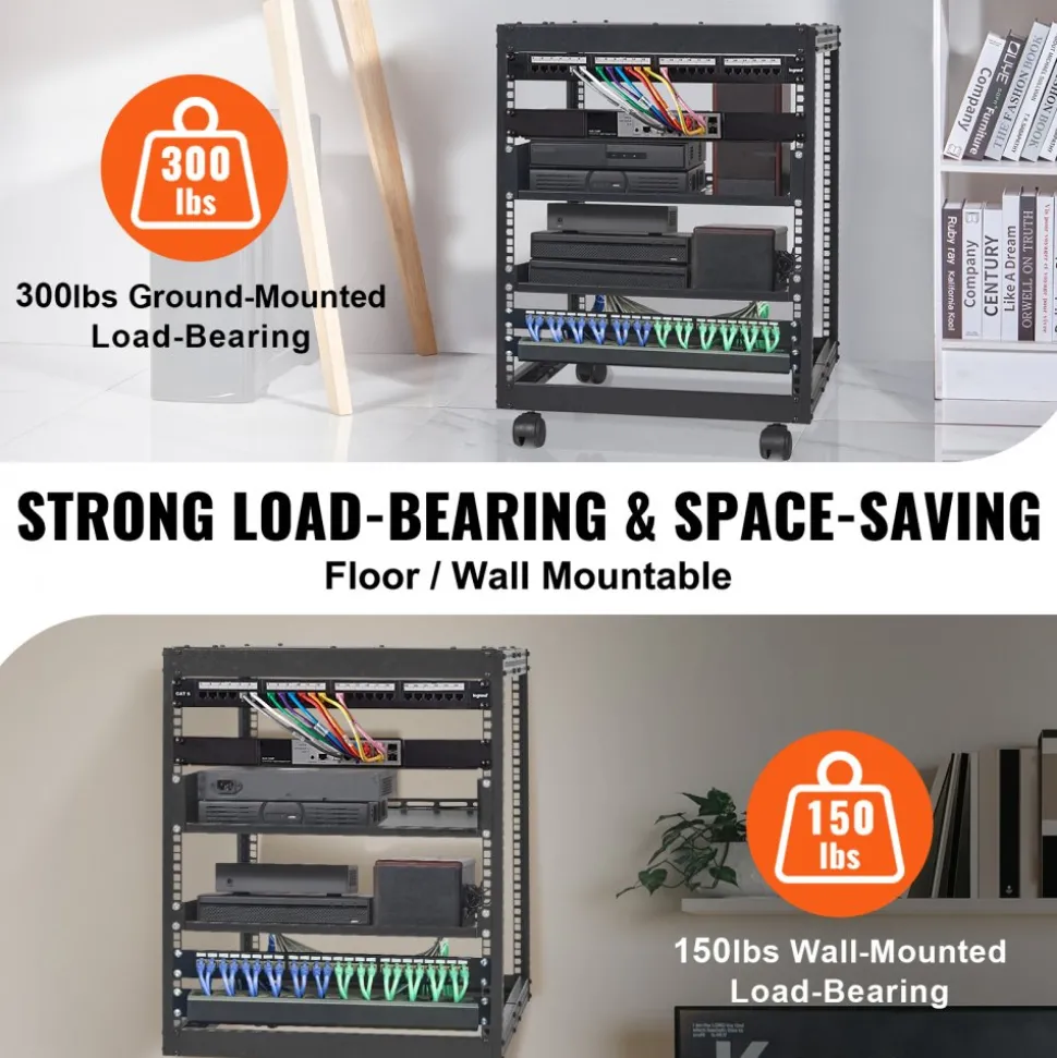 VEVOR 12U Open Frame Server Rack, 23-40 in Adjustable Depth, Free Standing or Wall Mount Network Server Rack, 4 Post AV Rack with Casters, Holds All Your Networking IT Equipment AV Gear Router Modem