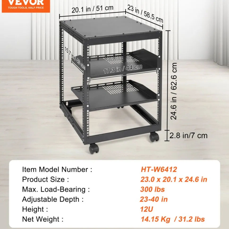 VEVOR 12U Open Frame Server Rack, 23-40 in Adjustable Depth, Free Standing or Wall Mount Network Server Rack, 4 Post AV Rack with Casters, Holds All Your Networking IT Equipment AV Gear Router Modem