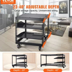 VEVOR 9U Open Frame Server Rack, 23''-40'' Adjustable Depth, Free Standing or Wall Mount Network Server Rack with 360° Casters, Heavy Duty 4 Post Holds All Your Networking IT Equipment AV Gear Router