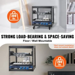 VEVOR 9U Open Frame Server Rack, 23''-40'' Adjustable Depth, Free Standing or Wall Mount Network Server Rack with 360° Casters, Heavy Duty 4 Post Holds All Your Networking IT Equipment AV Gear Router