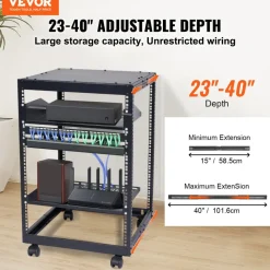 VEVOR 15U Open Frame Server Rack, 23-40 in Adjustable Depth, Free Standing or Wall Mount Network Server Rack, 4 Post AV Rack with Casters, Holds All Your Networking IT Equipment AV Gear Router Modem
