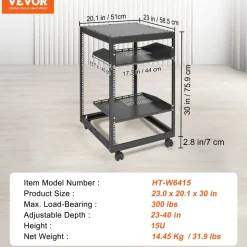 VEVOR 15U Open Frame Server Rack, 23-40 in Adjustable Depth, Free Standing or Wall Mount Network Server Rack, 4 Post AV Rack with Casters, Holds All Your Networking IT Equipment AV Gear Router Modem