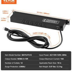 VEVOR 1U PDU, 12 Outlets, Rack Mount Power Strip Fits Standard 19