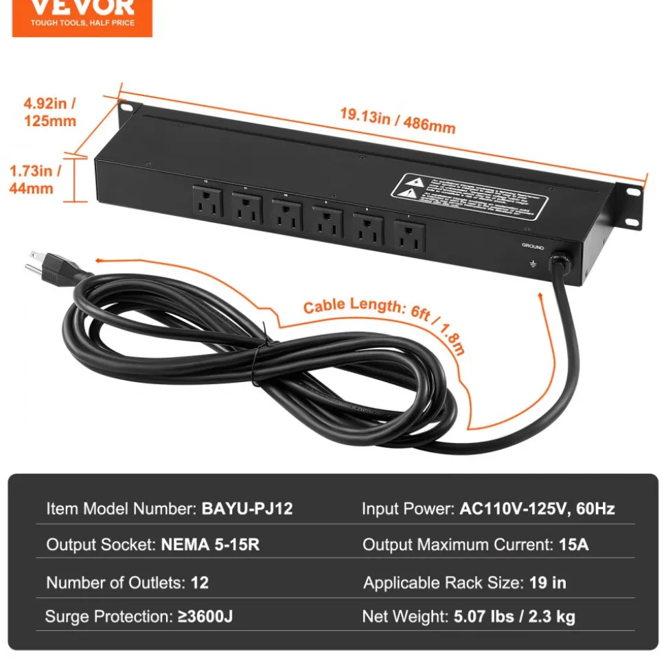 VEVOR 1U PDU, 12 Outlets, Rack Mount Power Strip Fits Standard 19" Server Racks, with Integrated Switch Surge Protection & Overload Protection, 110-125V/15A, Ideal for Home and Office