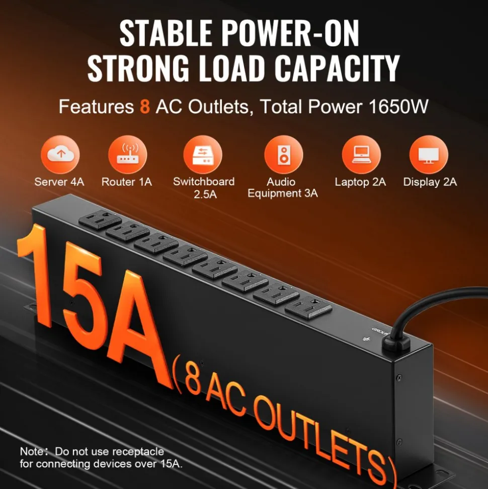 VEVOR 1U PDU, 8 Outlets, Rack Mount Power Strip Fits Standard 19" Server Racks, with Integrated Switch Surge Protection & Overload Protection, 110-125V/15A, Ideal for Home and Office