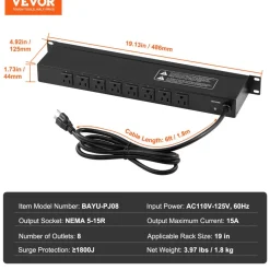 VEVOR 1U PDU, 8 Outlets, Rack Mount Power Strip Fits Standard 19