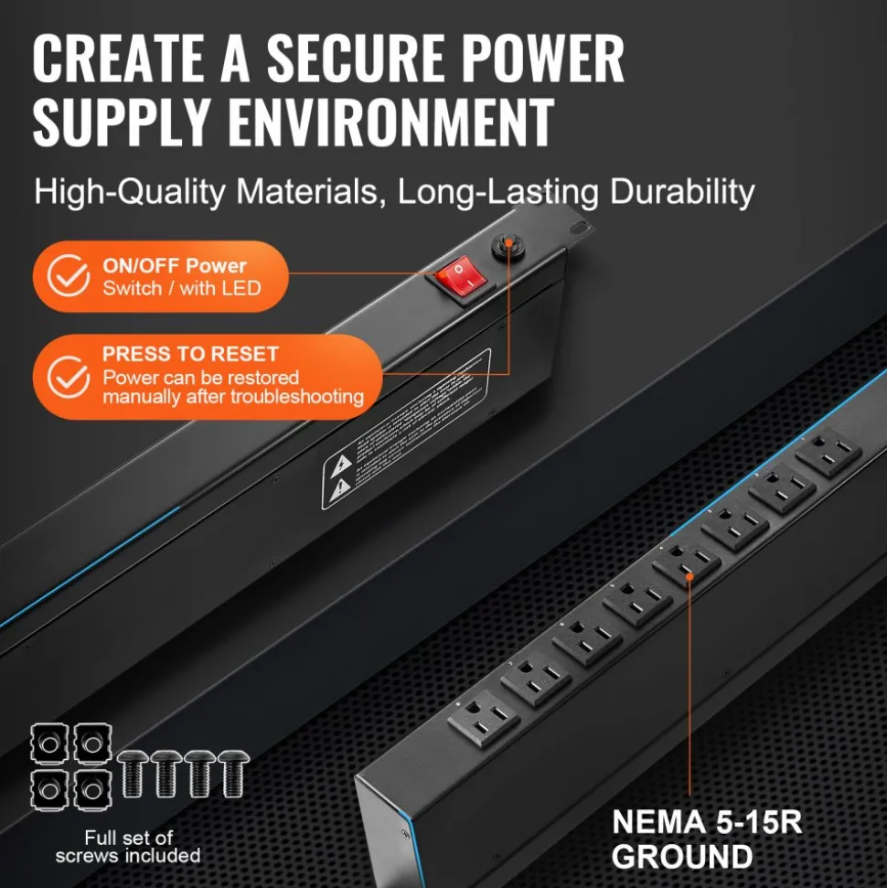VEVOR 1U PDU, 8 Outlets, Rack Mount Power Strip Fits Standard 19" Server Racks, with Integrated Switch Surge Protection & Overload Protection, 110-125V/15A, Ideal for Home and Office