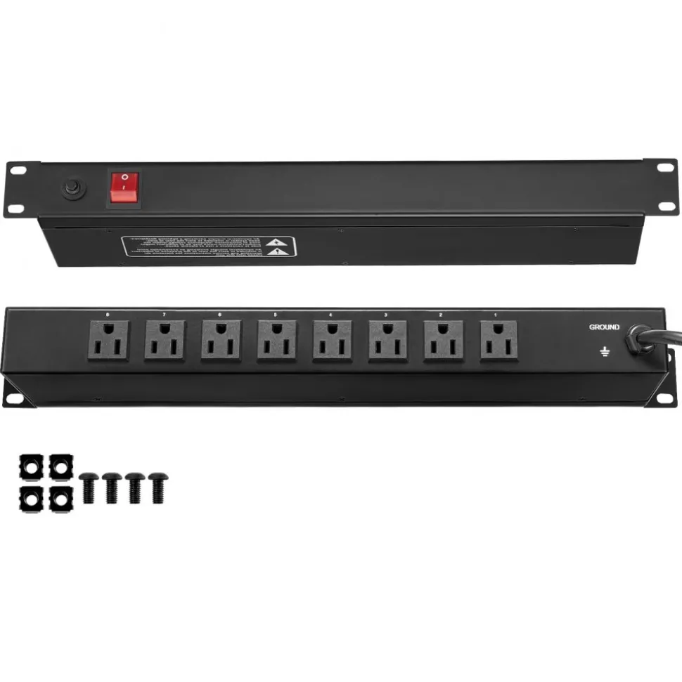 VEVOR 1U PDU, 8 Outlets, Rack Mount Power Strip Fits Standard 19" Server Racks, with Integrated Switch Surge Protection & Overload Protection, 110-125V/15A, Ideal for Home and Office