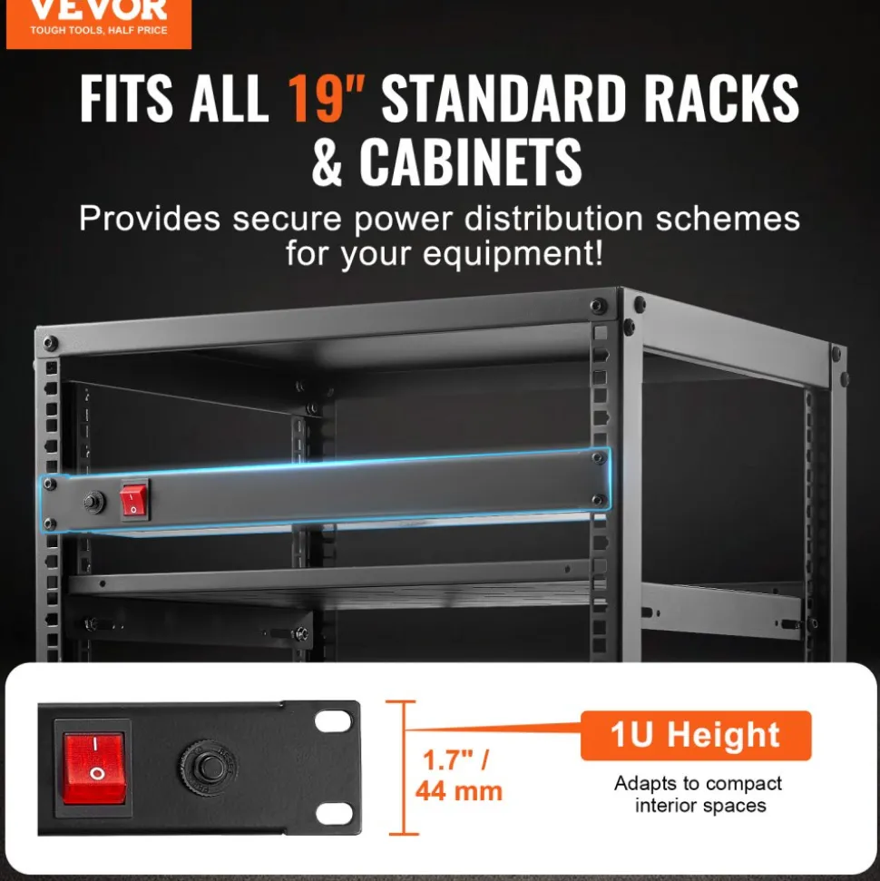 VEVOR 1U PDU, 8 Outlets, Rack Mount Power Strip Fits Standard 19" Server Racks, with Integrated Switch Surge Protection & Overload Protection, 110-125V/15A, Ideal for Home and Office