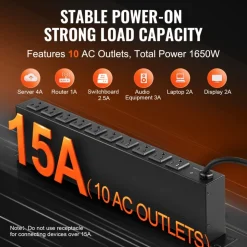 VEVOR 1U PDU, 10 Outlets, Rack Mount Power Strip Fits Standard 19" Server Racks, with Independent Switch Surge Protection & Overload Protection, 110-125V/15A, Ideal for Home and Office