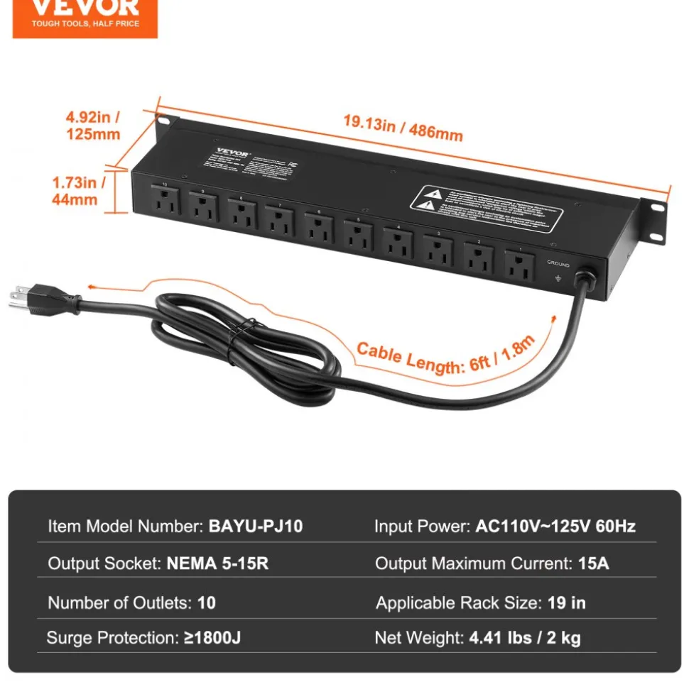 VEVOR 1U PDU, 10 Outlets, Rack Mount Power Strip Fits Standard 19" Server Racks, with Independent Switch Surge Protection & Overload Protection, 110-125V/15A, Ideal for Home and Office