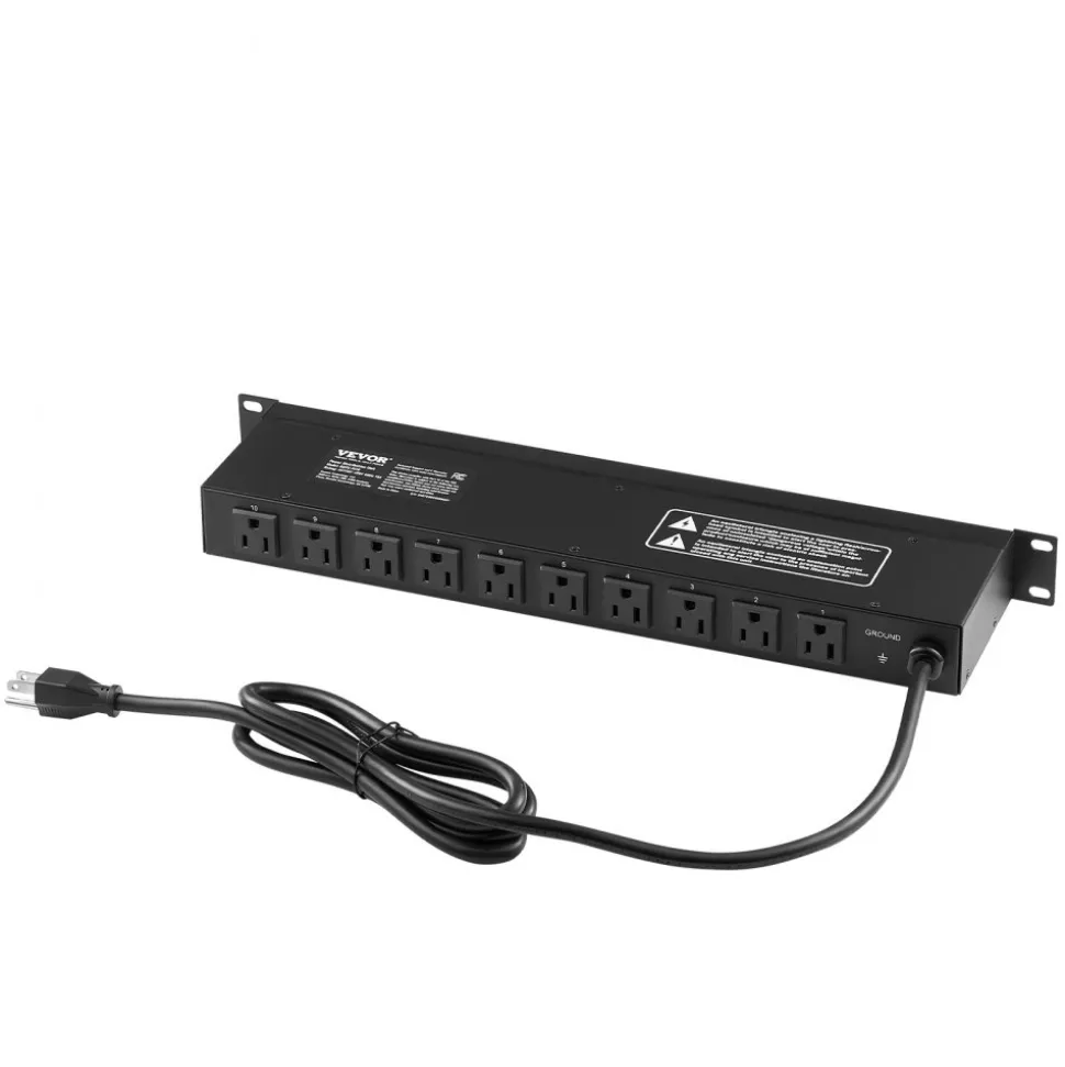 VEVOR 1U PDU, 10 Outlets, Rack Mount Power Strip Fits Standard 19" Server Racks, with Independent Switch Surge Protection & Overload Protection, 110-125V/15A, Ideal for Home and Office
